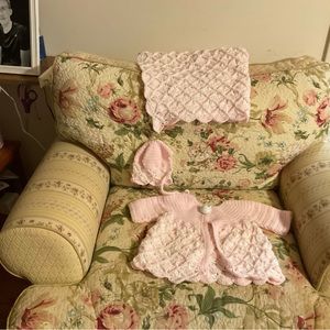 Pink and white Bavarian stitch baby layette set